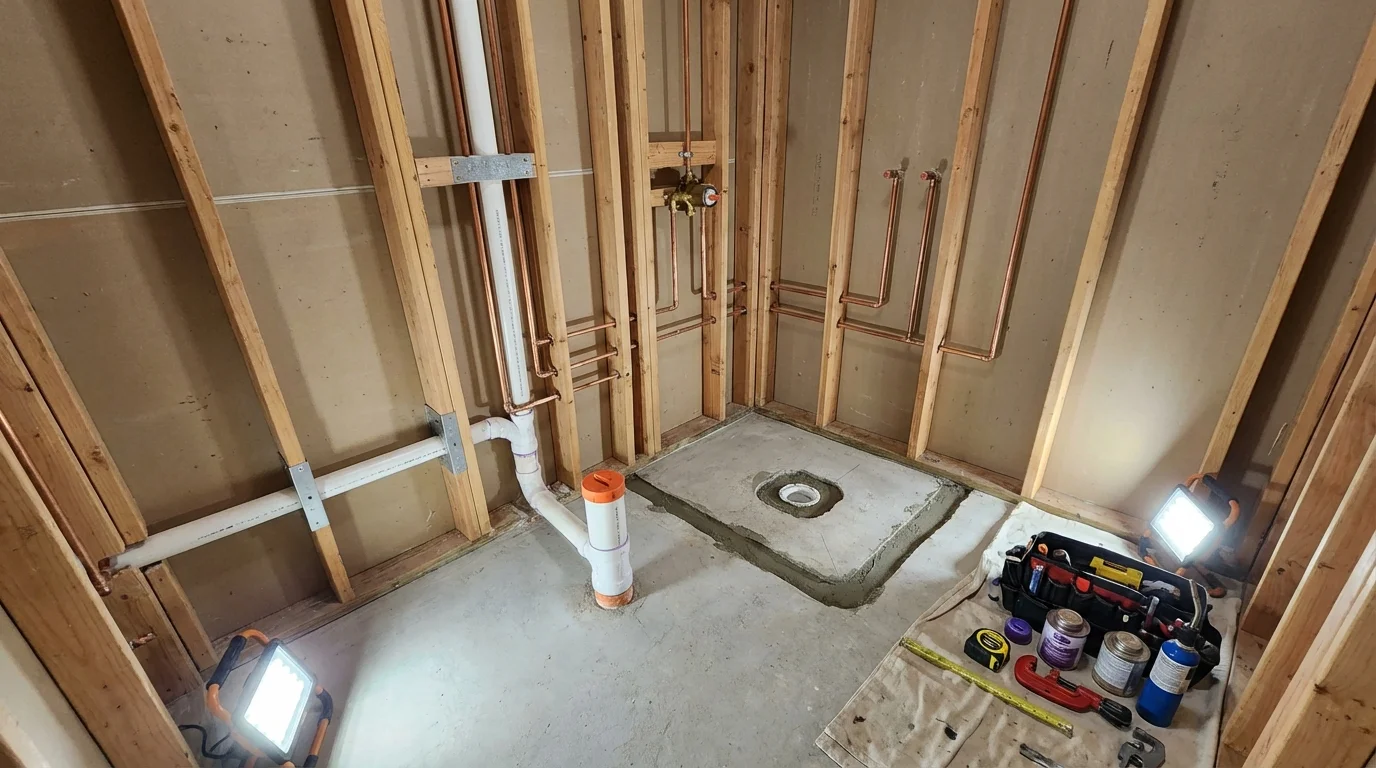 Bathroom rough-in plumbing during remodel by Johns Plumbing LLC in Iowa Park