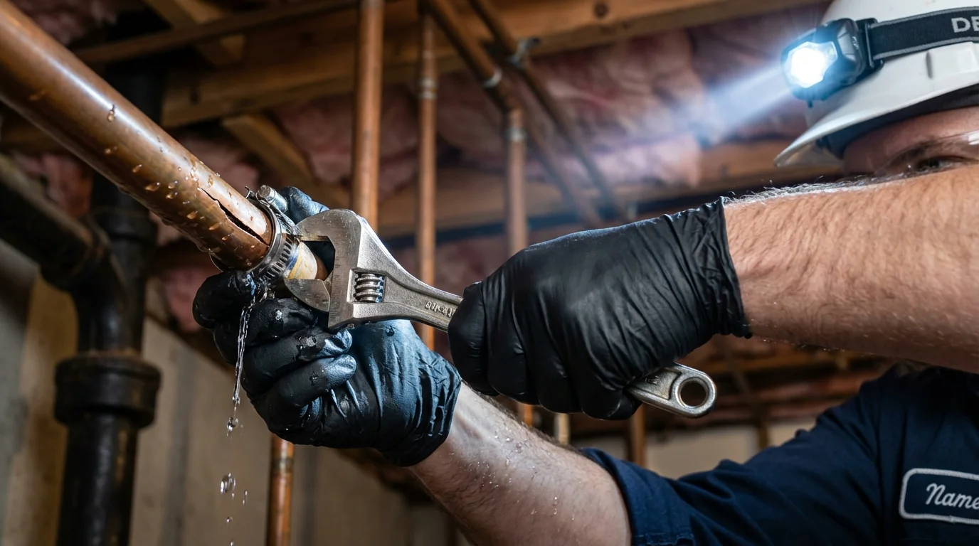 Emergency pipe clamp repair being performed by a Johns Plumbing LLC plumber in Iowa Park
