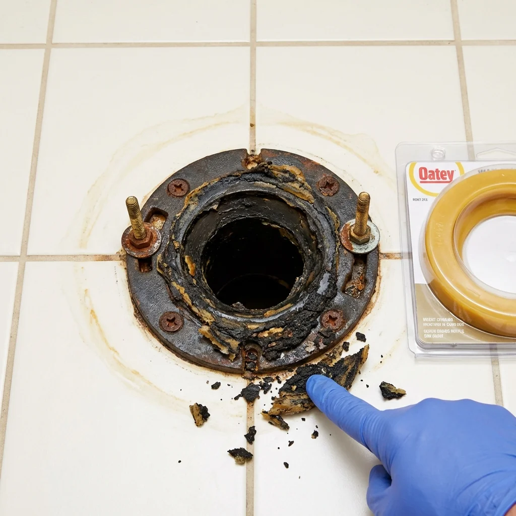 Failed wax ring showing water seepage at the base of a toilet in a Iowa Park, TX home
