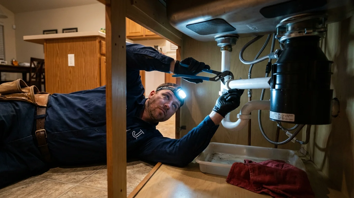 P-trap and supply line connections under a kitchen sink showing a common leak point in Iowa Park, TX